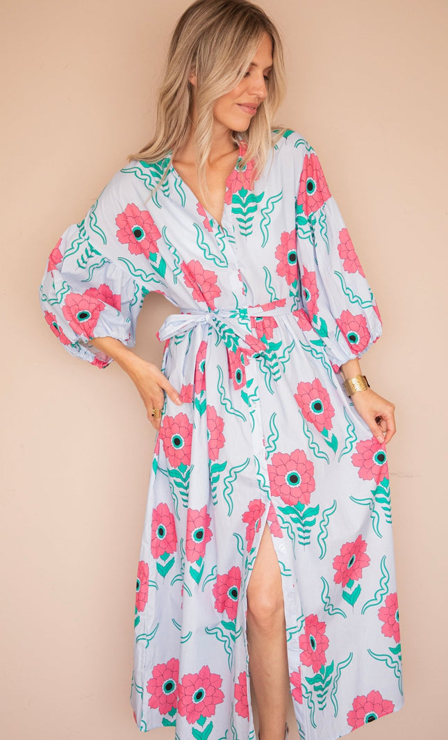 Full Flower Energy Soft Blue/Fuchsia - Maxi Jurk - ellemilla
