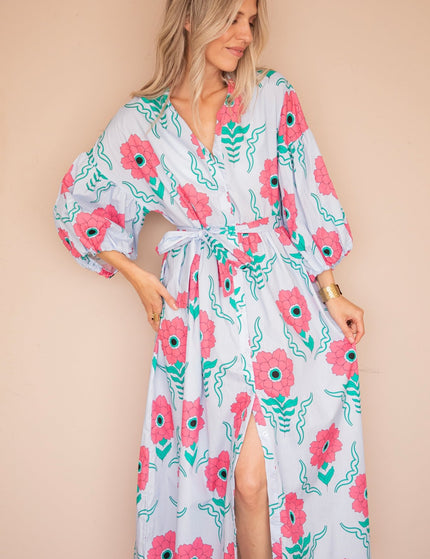 Full Flower Energy Soft Blue/Fuchsia - Maxi Jurk - ellemilla