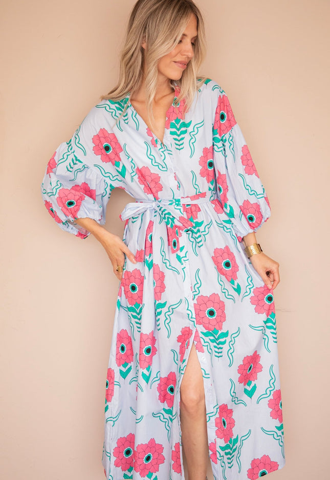 Full Flower Energy Soft Blue/Fuchsia - Maxi Jurk - ellemilla