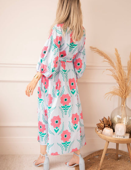 Full Flower Energy Soft Blue/Fuchsia - Maxi Jurk - ellemilla