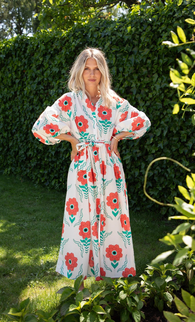 Full Flower Energy White/Red - Maxi Jurk - ellemilla