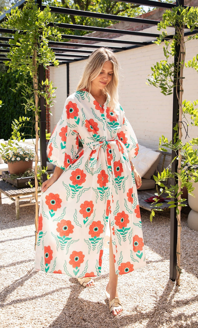 Full Flower Energy White/Red - Maxi Jurk - ellemilla