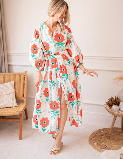 Full Flower Energy White/Red - Maxi Jurk - ellemilla
