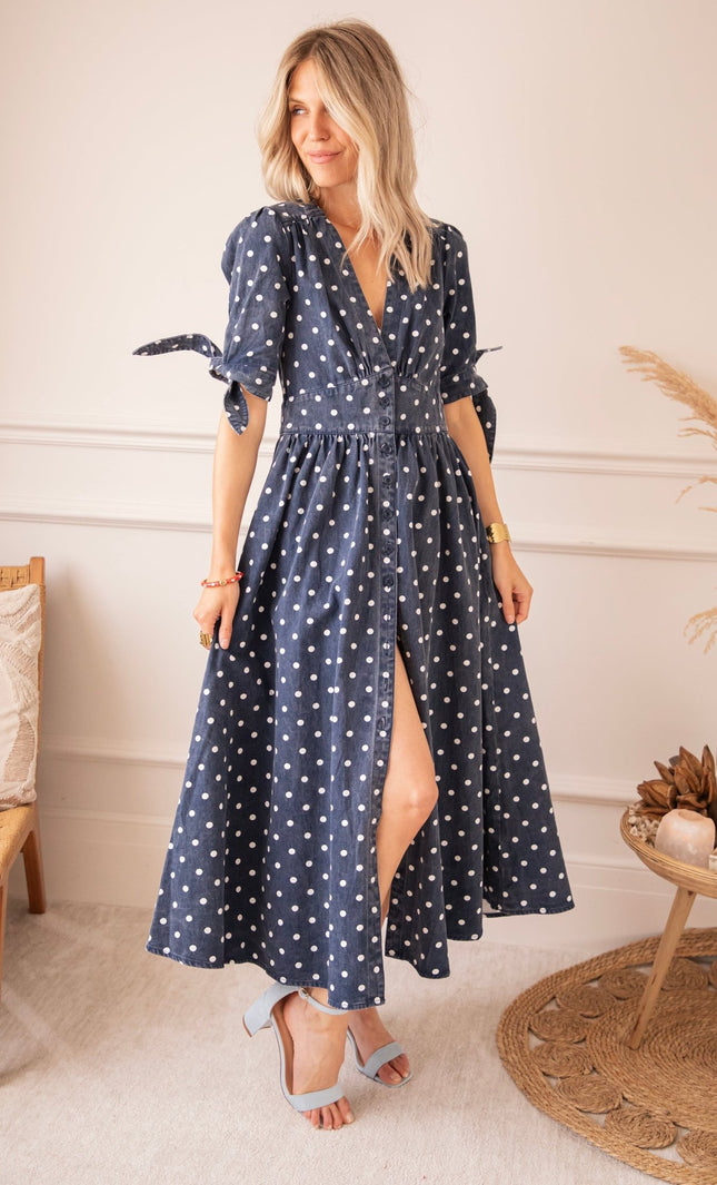 Jeanne Dots Dark Blue - Maxi Jurk - ellemilla