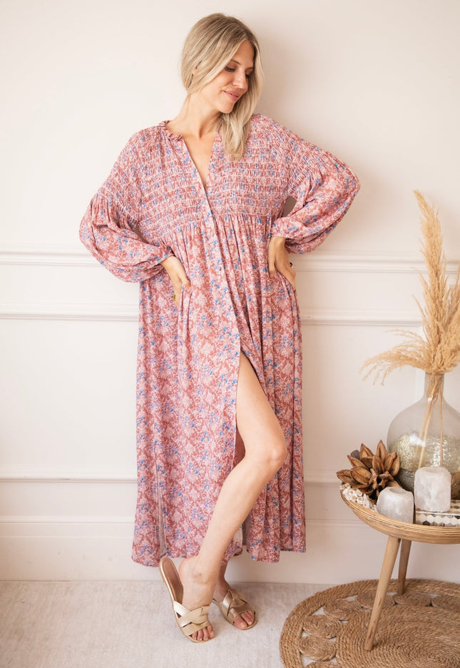 Joyce Bloom Bordeaux/Blue - Maxi Jurk - ellemilla