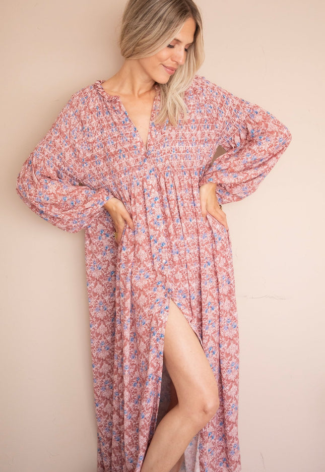 Joyce Bloom Bordeaux/Blue - Maxi Jurk - ellemilla