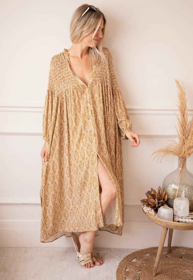 Joyce Shape Mustard - Maxi Jurk - ellemilla