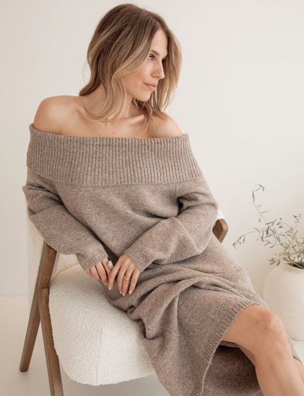 Justine Off Shoulder Taupe - Sweater Dress - ellemilla