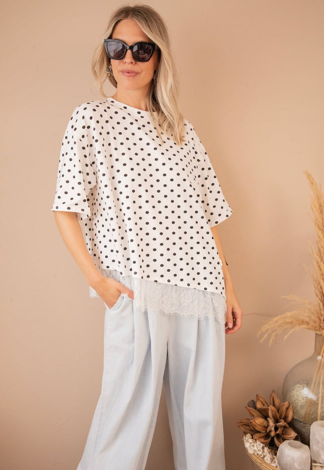 Lace & Little Dots White/Black - T-Shirt - ellemilla