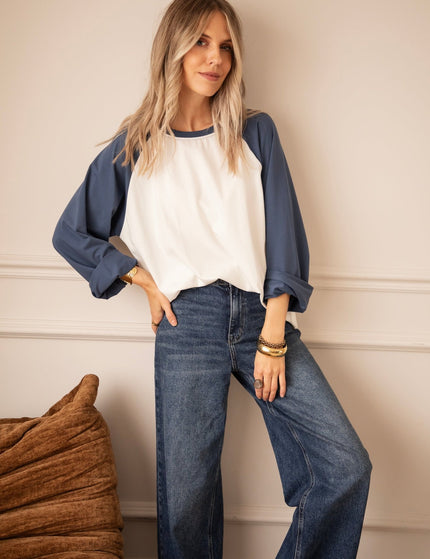Sadie Raglan Dusty Blue/Off White - Longsleeve - ellemilla