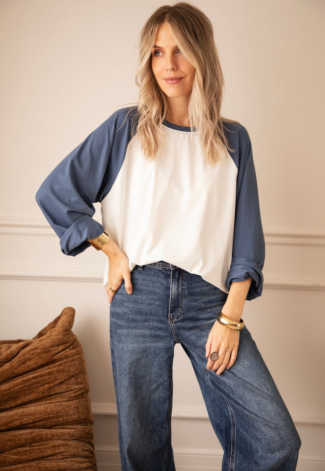 Sadie Raglan Dusty Blue/Off White - Longsleeve - ellemilla