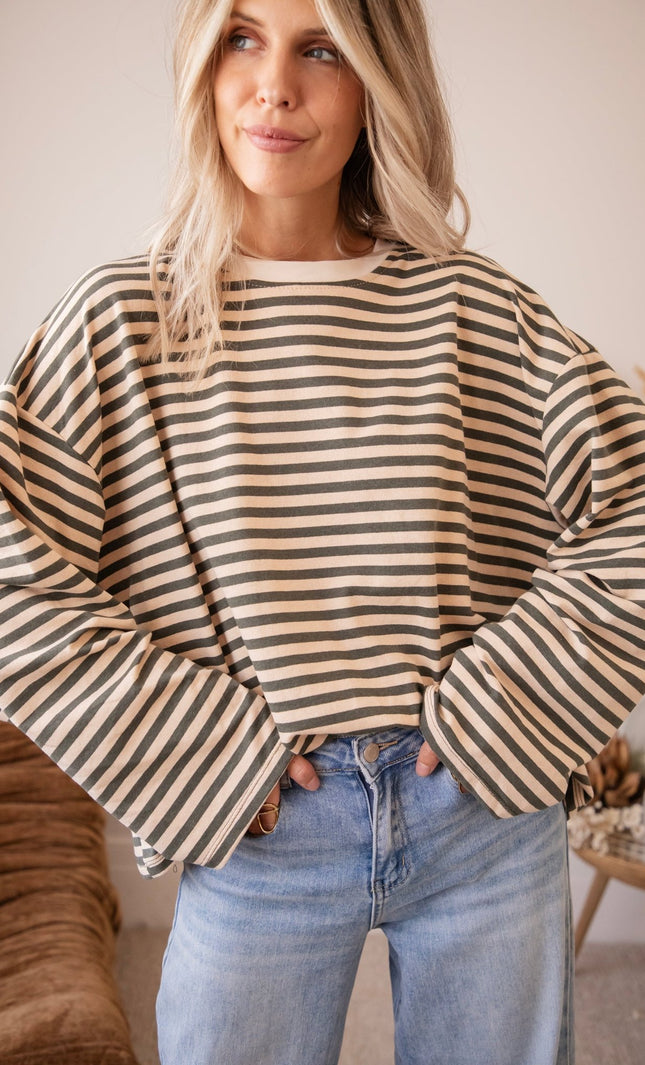 Sadie Stripe Beige/Kaki - Longsleeve - ellemilla