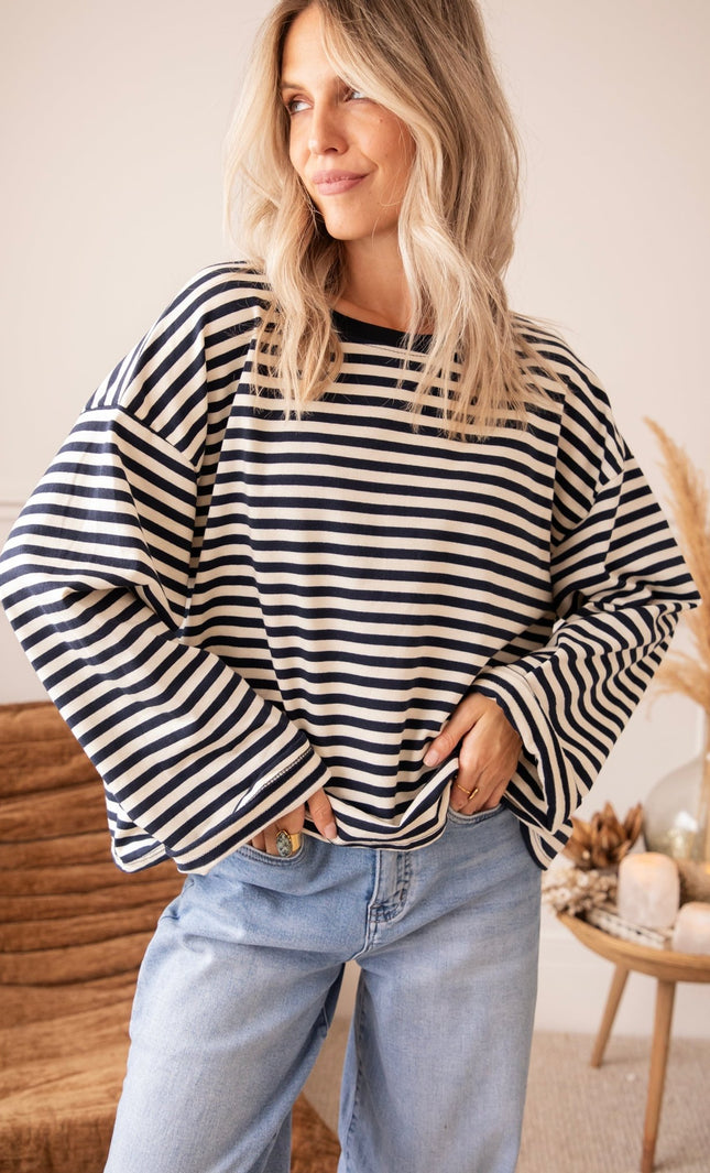 Sadie Stripe Beige/Navy - Longsleeve - ellemilla
