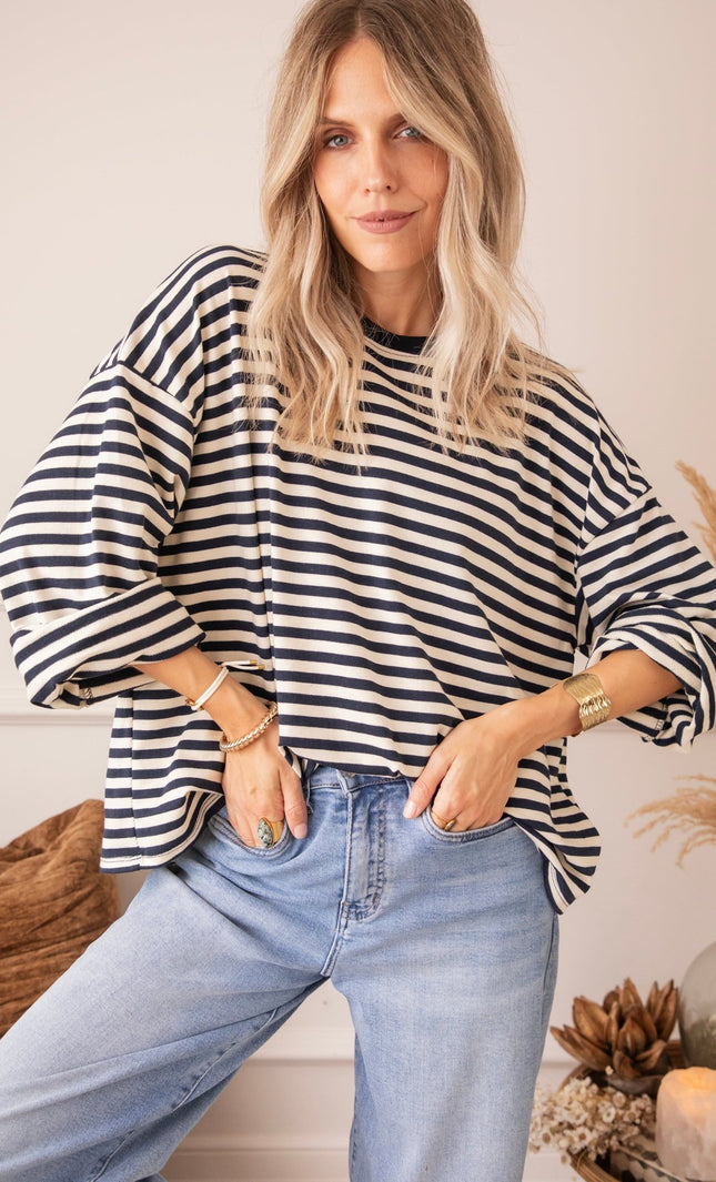 Sadie Stripe Beige/Navy - Longsleeve - ellemilla