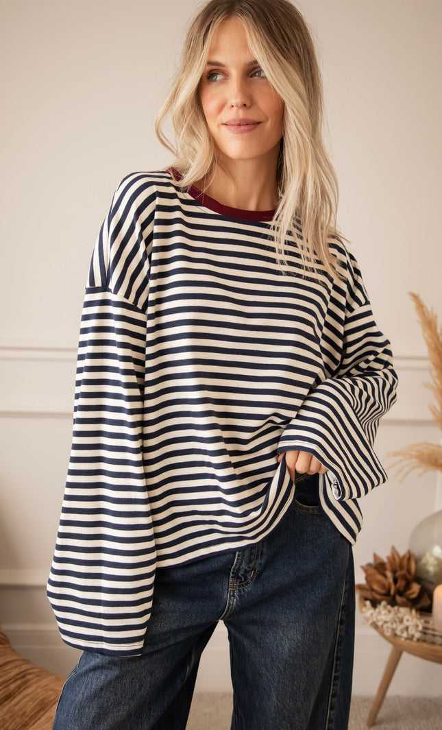 Sadie Stripe Beige/Navy/Burgundy - Longsleeve - ellemilla