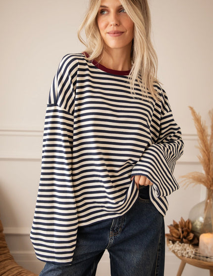 Sadie Stripe Beige/Navy/Burgundy - Longsleeve - ellemilla
