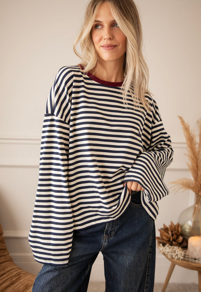 Sadie Stripe Beige/Navy/Burgundy - Longsleeve - ellemilla