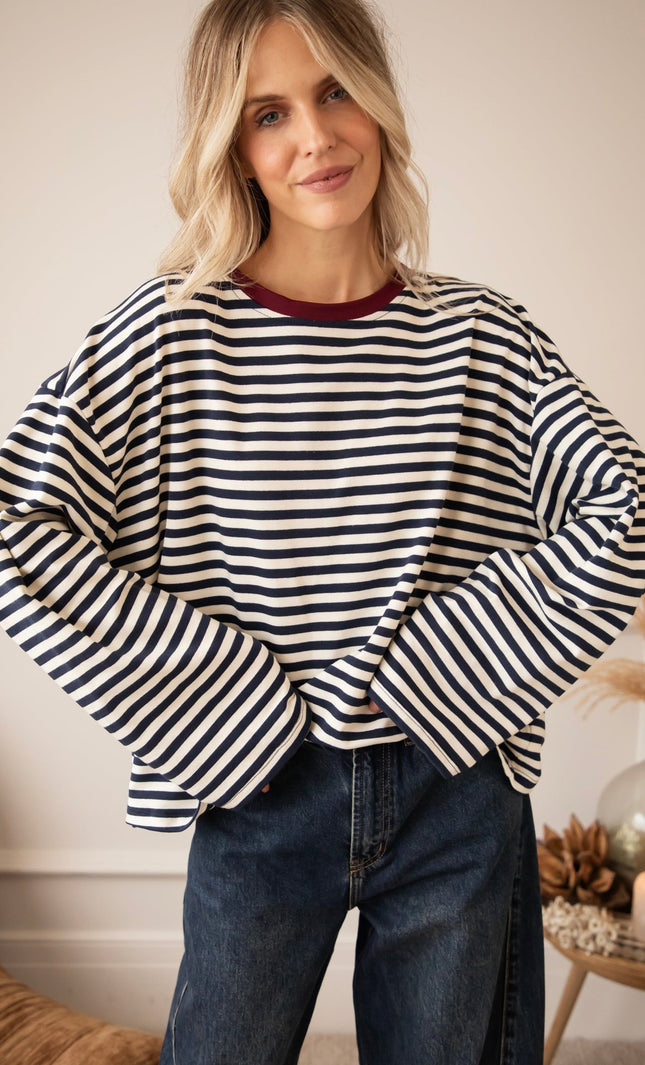 Sadie Stripe Beige/Navy/Burgundy - Longsleeve - ellemilla