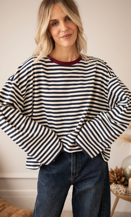 Sadie Stripe Beige/Navy/Burgundy - Longsleeve - ellemilla