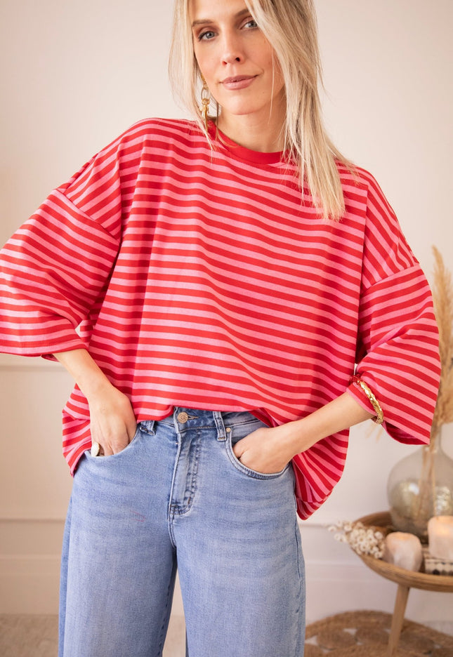 Sadie Stripe Bow Pink/Red - T-Shirt - ellemilla