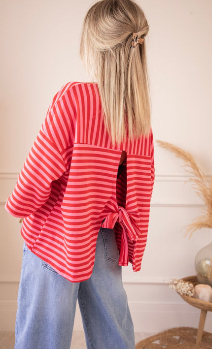 Sadie Stripe Bow Pink/Red - T-Shirt - ellemilla