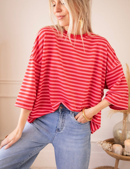 Sadie Stripe Bow Pink/Red - T-Shirt - ellemilla