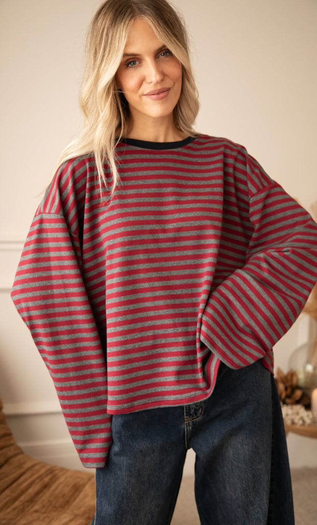 Sadie Stripe Burgundy/Grey/Navy - Longsleeve - ellemilla