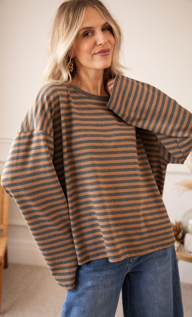 Sadie Stripe Grey/Camel - Longsleeve - ellemilla
