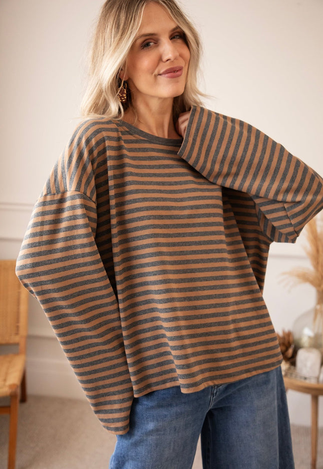 Sadie Stripe Grey/Camel - Longsleeve - ellemilla
