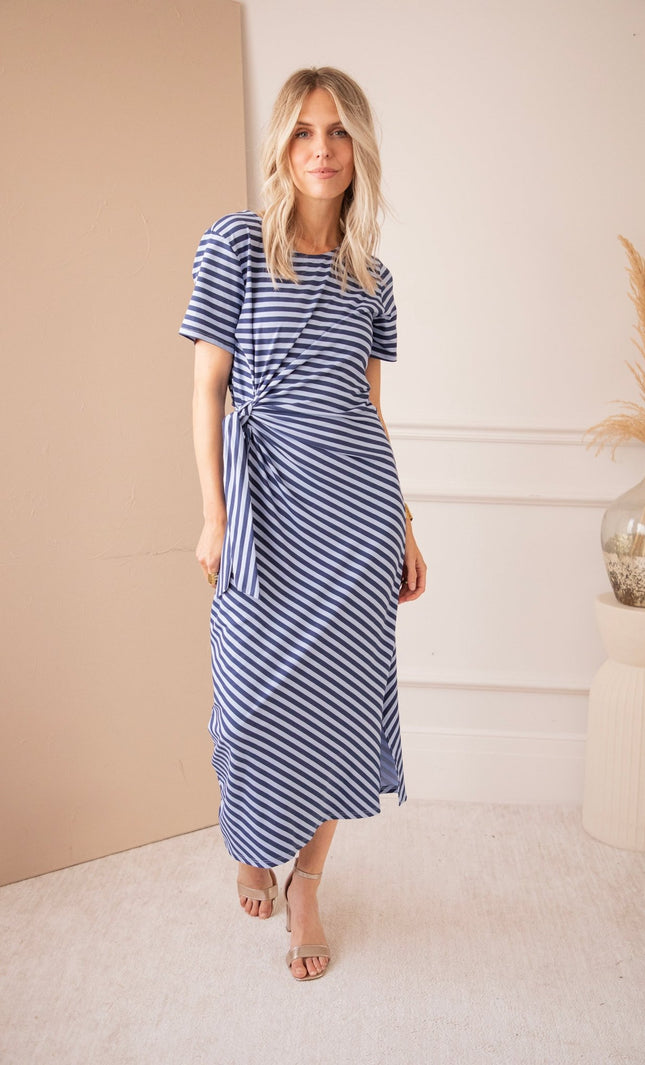 Sadie Stripe Knot Blue/Dark Blue - Maxi Jurk - ellemilla