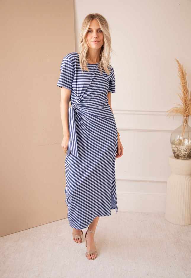Sadie Stripe Knot Blue/Dark Blue - Maxi Jurk - ellemilla