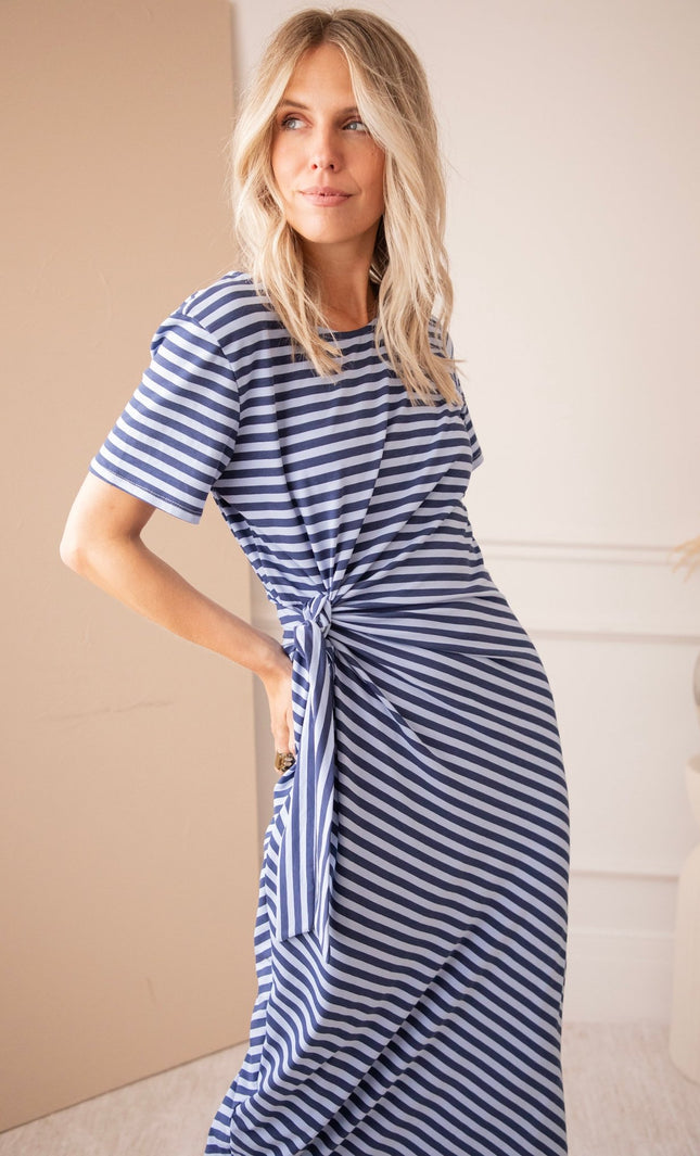 Sadie Stripe Knot Blue/Dark Blue - Maxi Jurk - ellemilla
