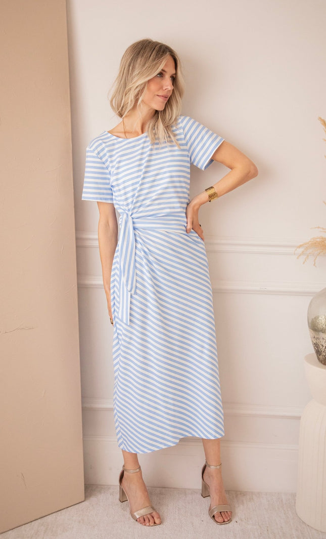 Sadie Stripe Knot Off White/Baby Blue - Maxi Jurk - ellemilla