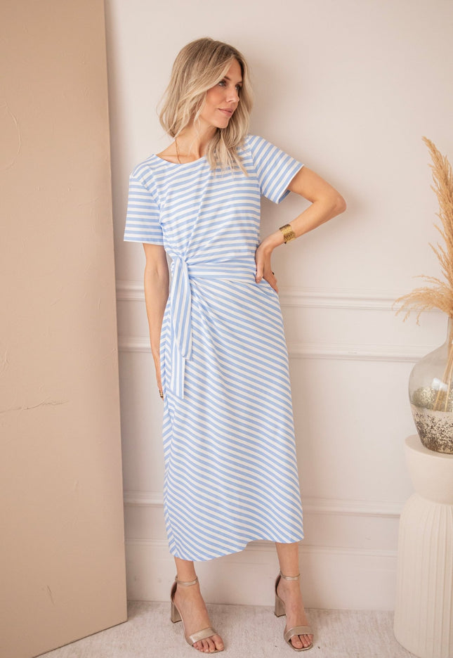 Sadie Stripe Knot Off White/Baby Blue - Maxi Jurk - ellemilla