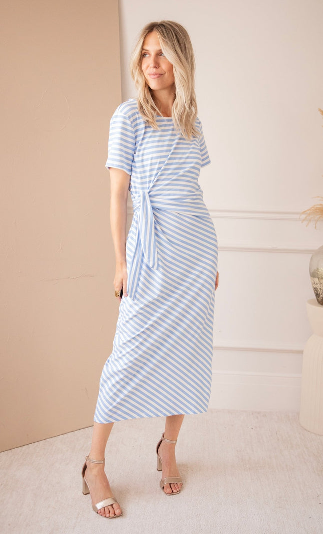 Sadie Stripe Knot Off White/Baby Blue - Maxi Jurk - ellemilla