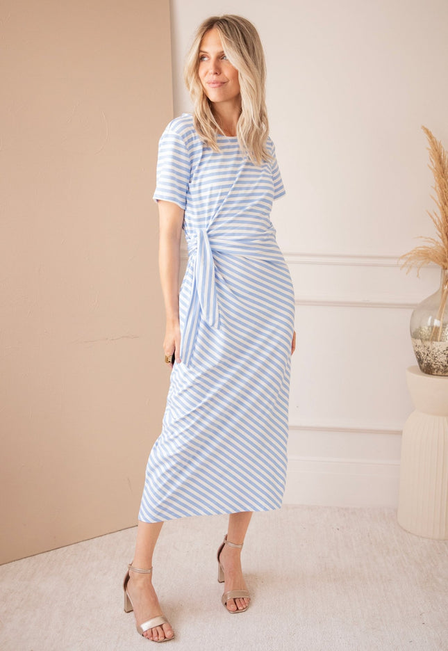 Sadie Stripe Knot Off White/Baby Blue - Maxi Jurk - ellemilla