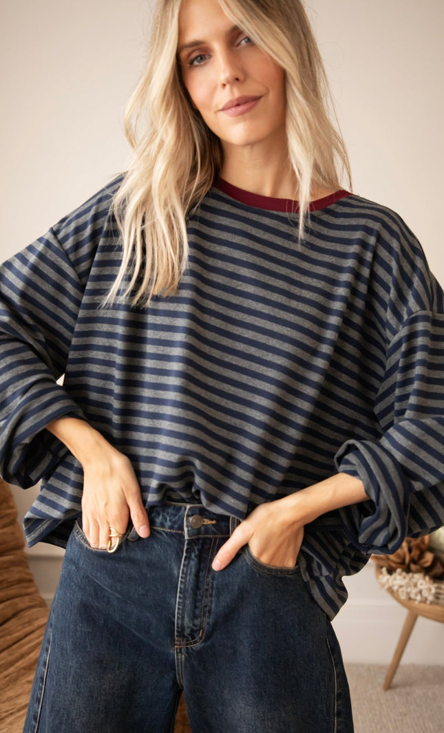 Sadie Stripe Navy/Grey/Burgundy - Longsleeve - ellemilla