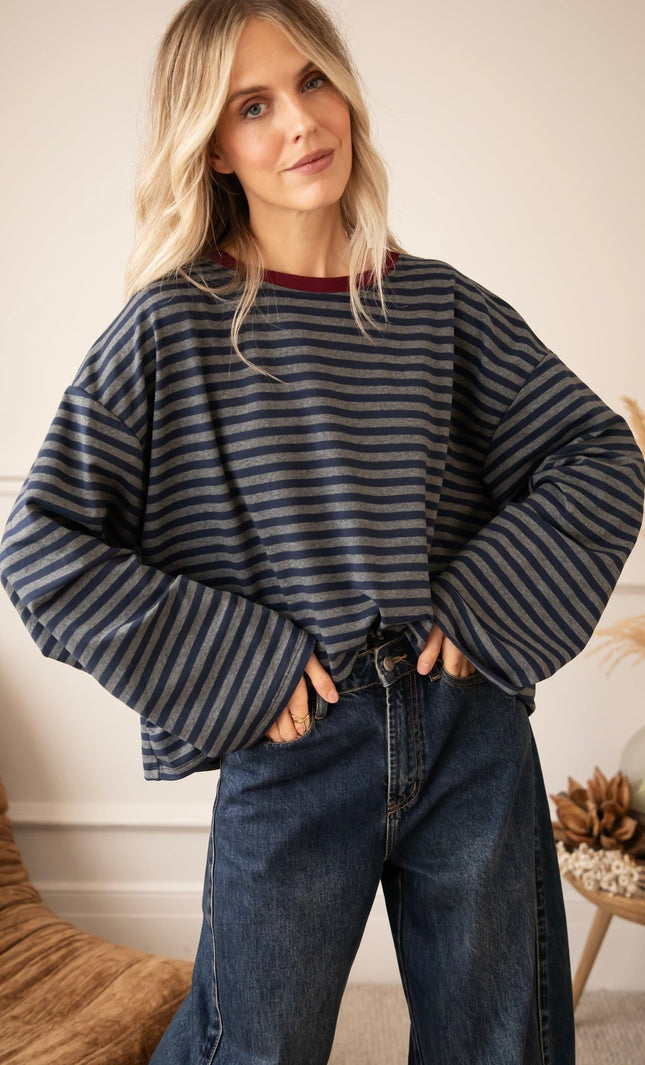 Sadie Stripe Navy/Grey/Burgundy - Longsleeve - ellemilla