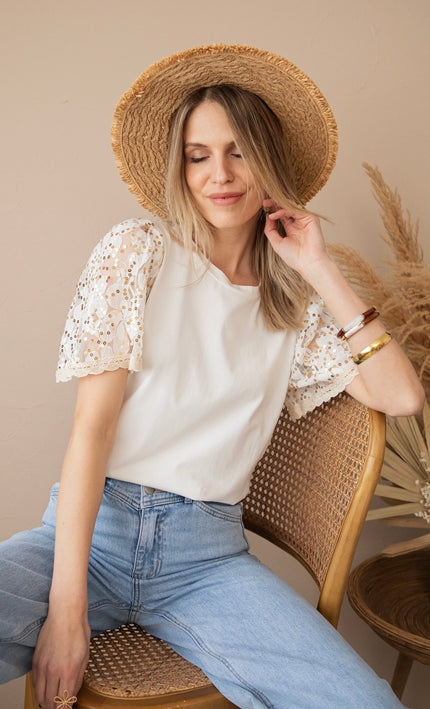 Sequin Sleeves White - T-Shirt - ellemilla