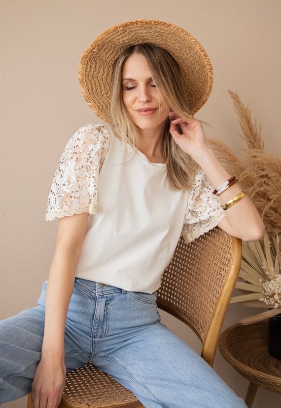 Sequin Sleeves White - T-Shirt - ellemilla