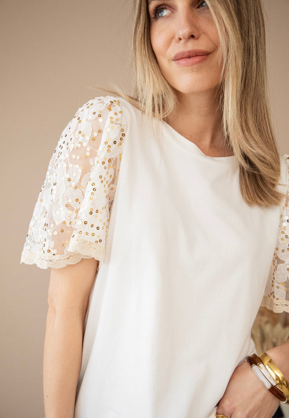 Sequin Sleeves White - T-Shirt - ellemilla