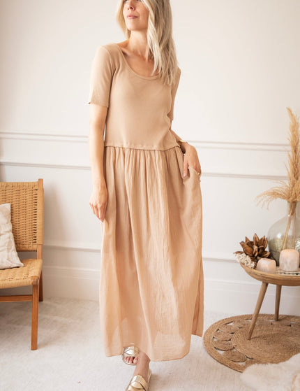 Soraya Short Sleeve Beige - Maxi Jurk - ellemilla