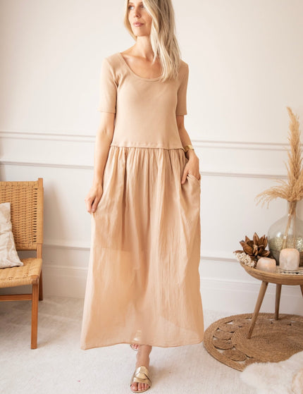 Soraya Short Sleeve Beige - Maxi Jurk - ellemilla