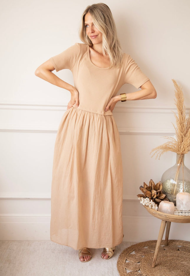 Soraya Short Sleeve Beige - Maxi Jurk - ellemilla