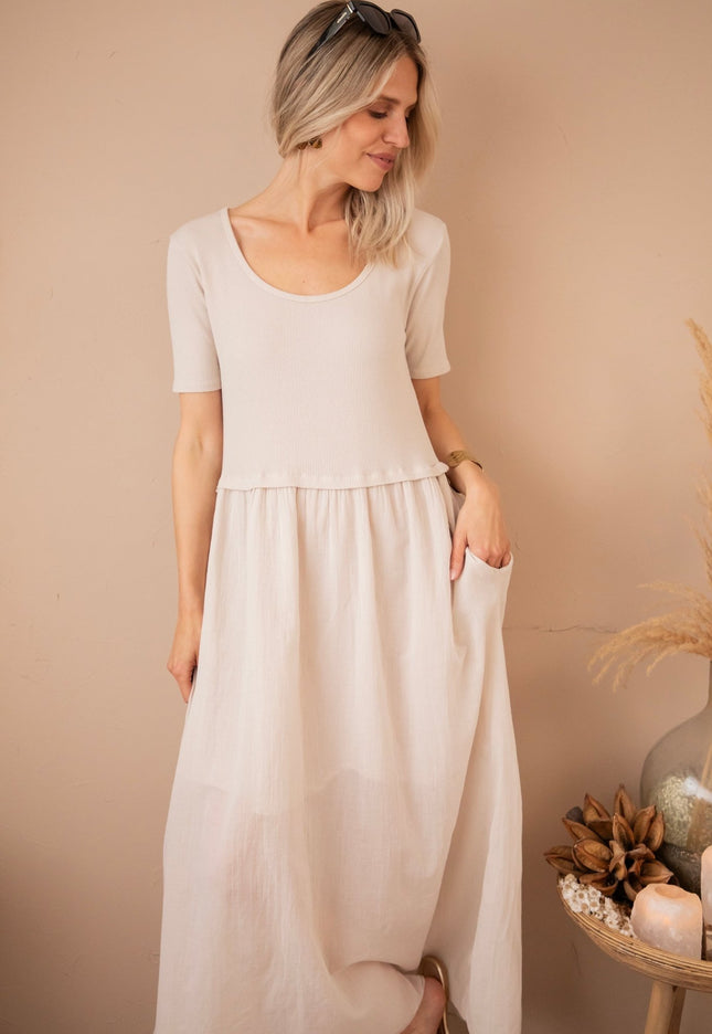 Soraya Short Sleeve Café Au Lait - Maxi Jurk - ellemilla