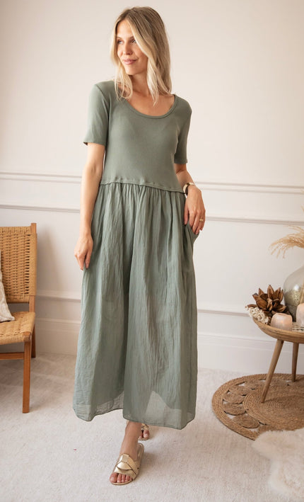Soraya Short Sleeve Kaki - Maxi Jurk - ellemilla