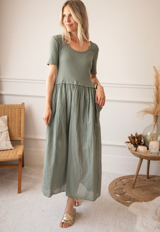 Soraya Short Sleeve Kaki - Maxi Jurk - ellemilla