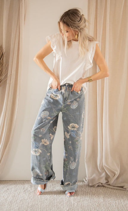 Wide Flower Blue - Jeans - ellemilla